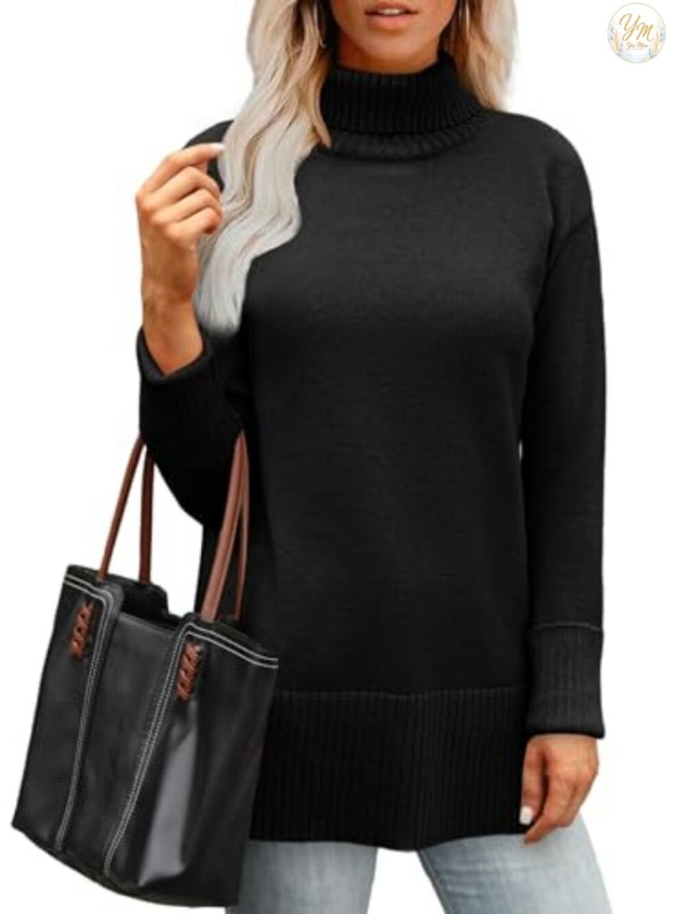Women's Turtleneck Pullover Sweater Side Split Oversized Tunic